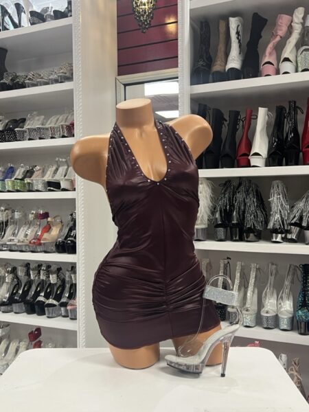 Burgundy Studded Mini Dress with halter neckline