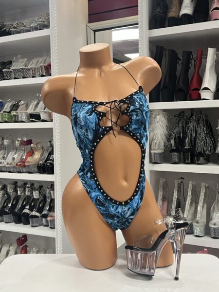 Blue Marble Cutout Bodysuit with lace-up neckline