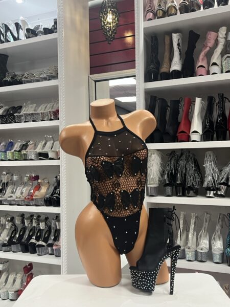 Black Butterfly Mesh Bodysuit with rhinestones and butterfly accents