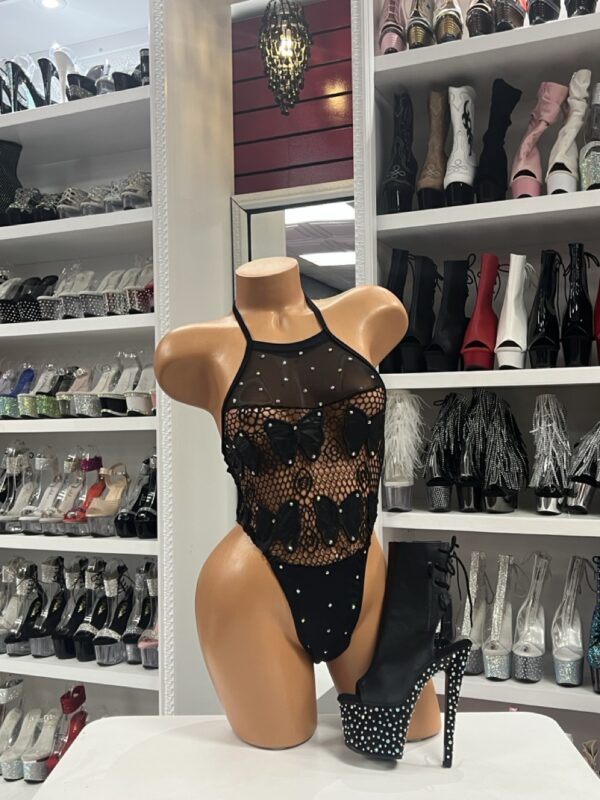 Black Butterfly Mesh Bodysuit with rhinestones and butterfly accents
