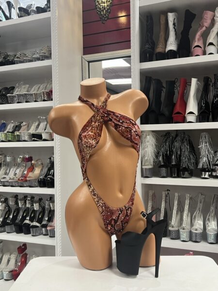 Brown Snakeskin Cutout Bodysuit with crisscross neckline and bold cutouts
