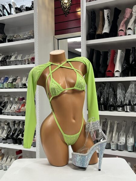 Lime Rhinestone Bikini Set with neon color and rhinestone shrug