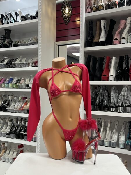 Red Rhinestone Bikini Set with matching shrug and rhinestone details