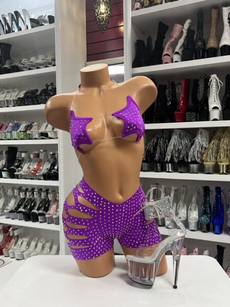 Purple Rhinestone Cutout Set with clear strap top and cutout rhinestone shorts
