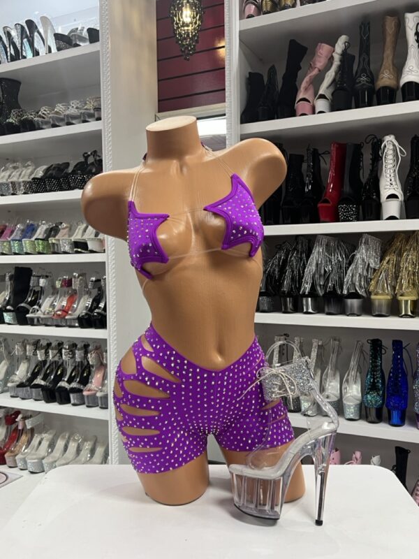 Purple Rhinestone Cutout Set with clear strap top and cutout rhinestone shorts