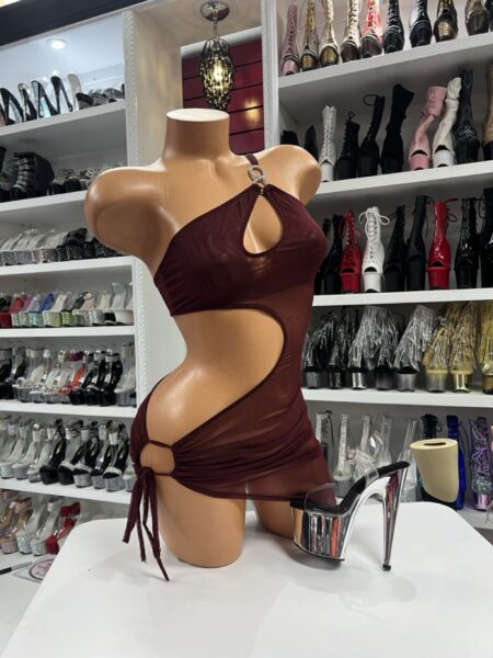 Burgundy Cutout Mesh Dress with one-shoulder ring detail and ruched side ties