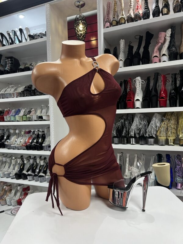 Burgundy Cutout Mesh Dress with one-shoulder ring detail and ruched side ties