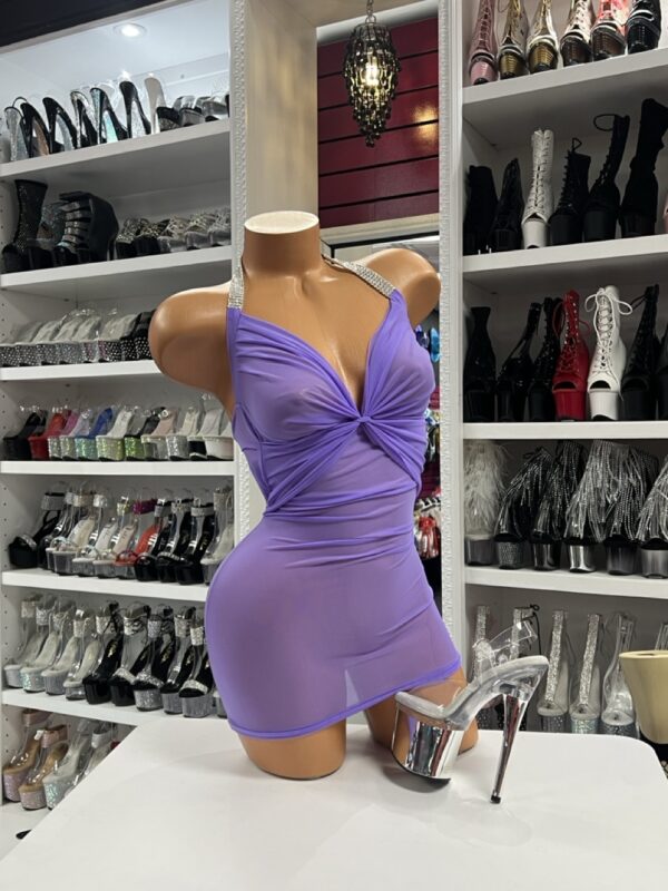 Lavender Rhinestone Mini Dress with halter straps and twist-front bust design