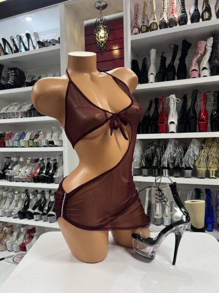 Burgundy Sheer Cutout Dress with tie-front top and side ruching