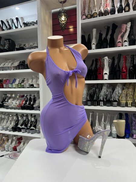 Lavender Cutout Mini Dress with halter neckline, front tie, and side cutout design