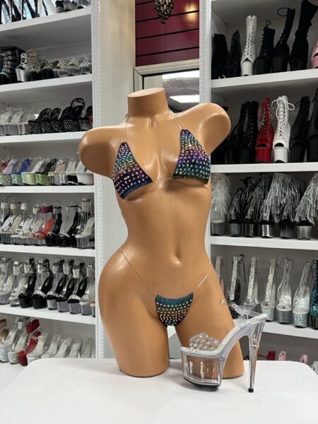 Rainbow Rhinestone Microkini with multicolor ombré stones and chain straps