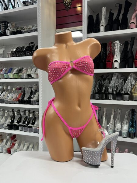 Hot Pink Rhinestone Microkini with bandeau top and rhinestone ties