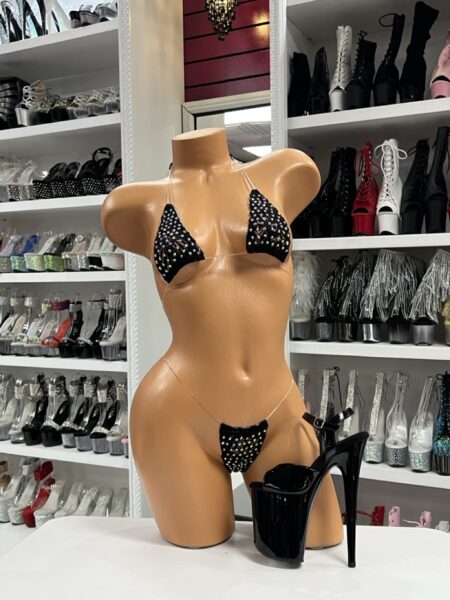 Black Rhinestone Microkini with clear straps and crystal rhinestones