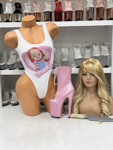 Chucky white bodysuit with pink heart graphic and scoop neckline