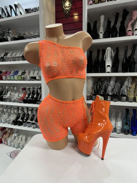Neon orange rhinestone studded mesh crop top and shorts set front view
