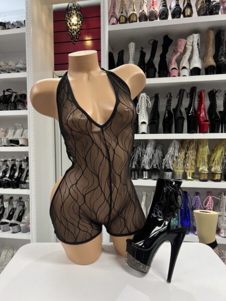 Black sheer lace romper with plunging halter neckline front view