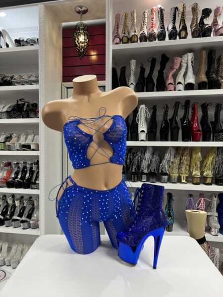 Royal blue rhinestone studded mesh bandeau set with crisscross front detail