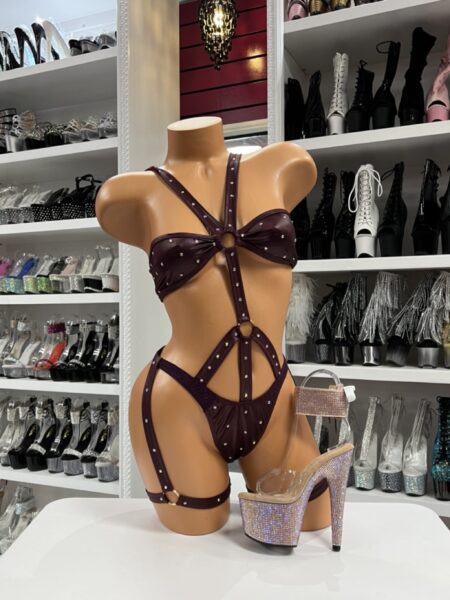Burgundy rhinestone bodysuit with strappy o-ring harness detailing front view