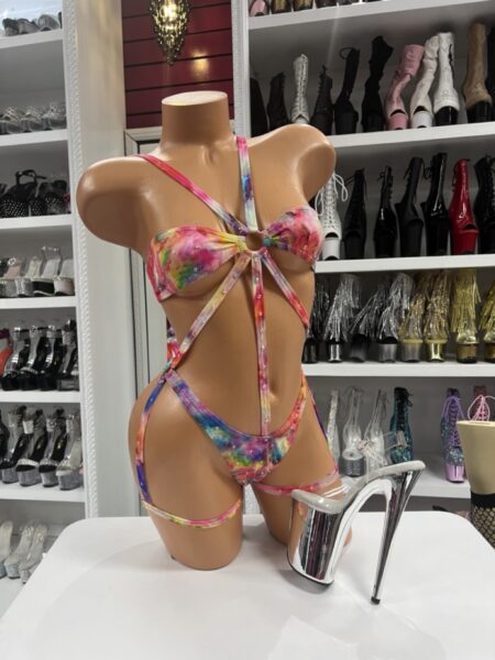 Tie dye slingshot bodysuit with O-ring front and multicolor straps