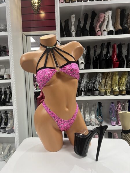 Pink Bandana Harness Set with black harness straps and paisley print bikini bottom