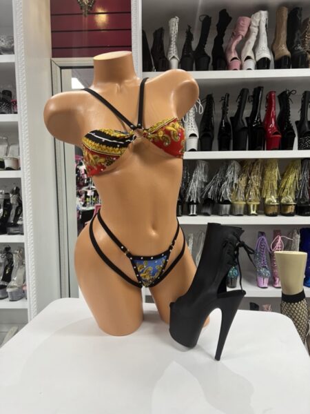 Baroque Strappy Micro Set with gold chain print and strappy micro thong design
