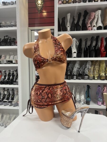 Bronze Python Mini Set with metallic snakeskin halter top and ruched tie-side skirt