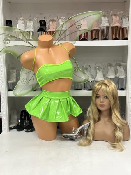 Neon Vinyl Crop Set in lime green vinyl with bandeau top and flared mini skirt