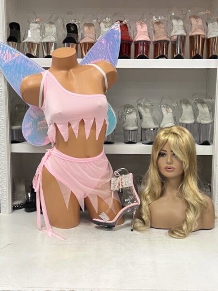Pixie Dreams Mesh Set in light pink mesh with jagged fairy hem and side-tie skirt