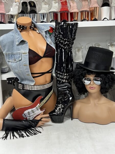 Guitar Rebel Costume Set with denim vest, hat, gloves, belt, and black bra and panty