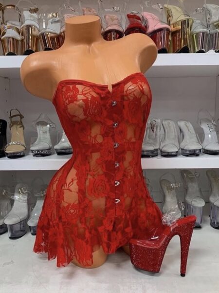 Scarlet Lace Corset Dress with sheer red floral lace and hook closures