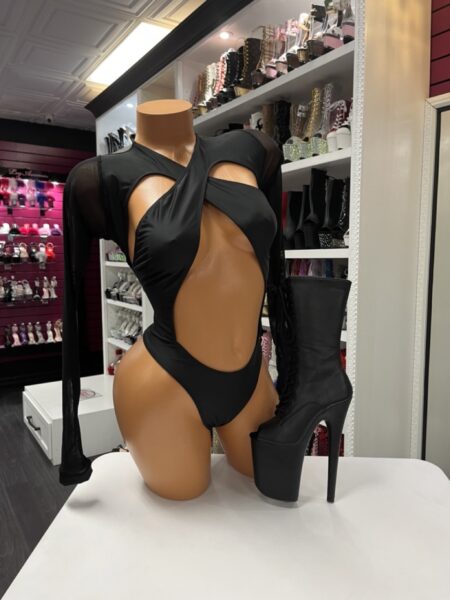 black twist front mesh sleeve cutout bodysuit