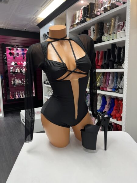 black mesh long sleeve cutout bodysuit