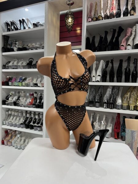 black rhinestone fishnet outfit