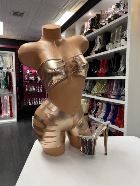 bronze metallic shredded shorts set