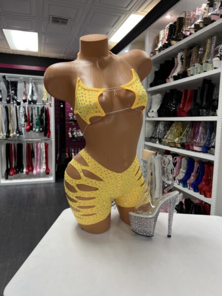 yellow shredded rhinestone dance set