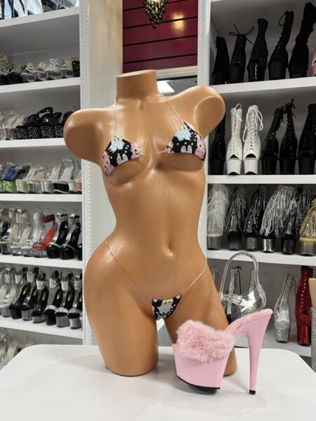 Black micro bikini with Labubu character print minimal coverage for exotic dancers