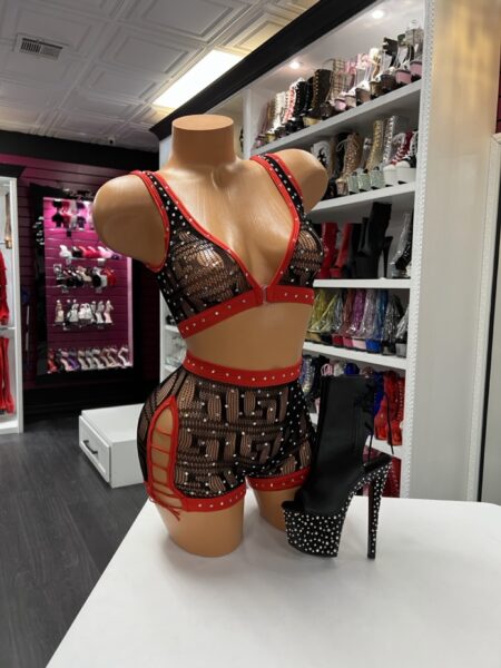 Black box net romper with red rhinestone trim and matching crop top for dancers