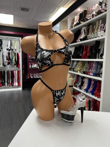 Black and white designer-inspired star print strappy top and thong set for dancers