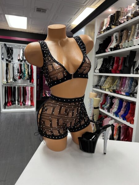 Black box net bralette and shorts with rhinestone trim for exotic dancers