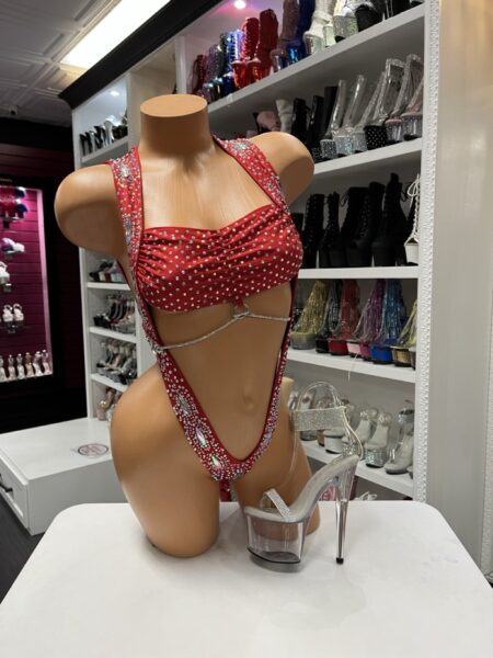 Ruby Rhinestone Sling Monokini with sparkling rhinestones, crystal chain detail, oversized gems, and high-cut sling silhouette.
