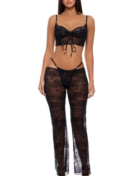 Layer of Seduction Layered Lace Longline Bra and Pants Lingerie Set – Black