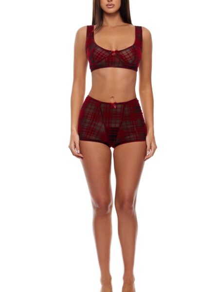Velvet Lines Plaid Mesh Bralette and Briefs Lingerie Set – Red