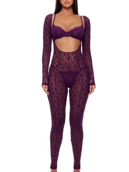 Feel Me Textured Lace Jumpsuit Lingerie Set – Purple