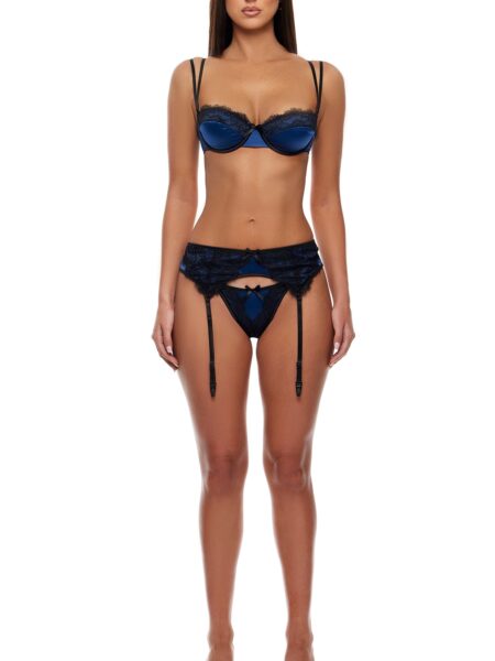 Laced In Satin Bra and Garter Belt Lingerie Set – Navy Blue