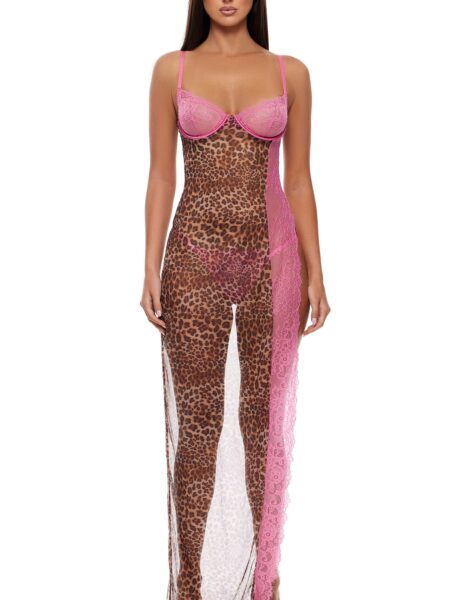 Animal Instincts Sheer Mesh Nightgown Lingerie Set – Pink Leopard