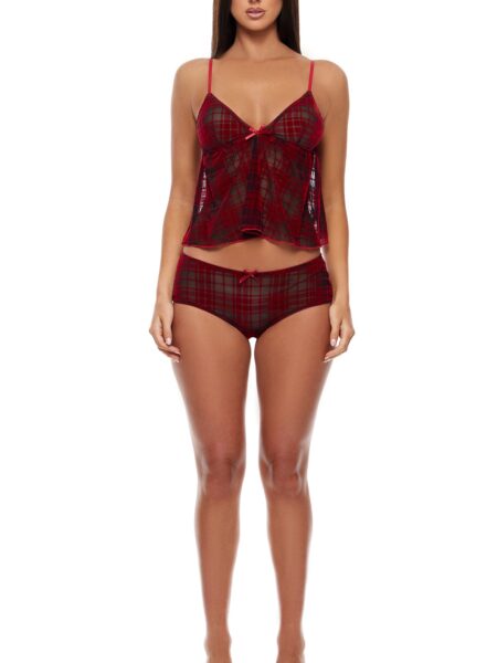 Velvet Lines Plaid Mesh Cami and Boyshorts Lingerie Set – Red