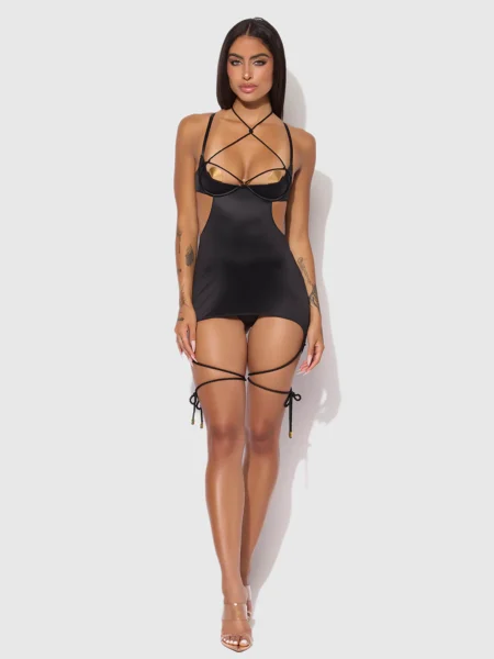 Iryna Silky Micro & Rope Open Back Chemise & G-String Set