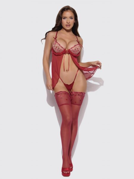 Angelina Lips Embroidery Babydoll & Bow G-String Set