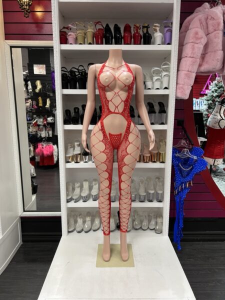 red rhinestone fishnet catsuit on mannequin