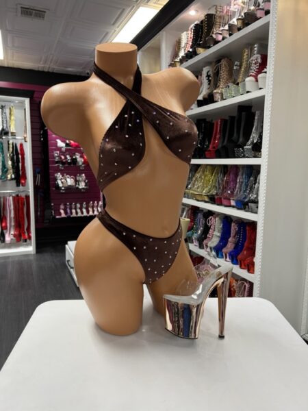 brown velvet rhinestone halter lingerie set on mannequin